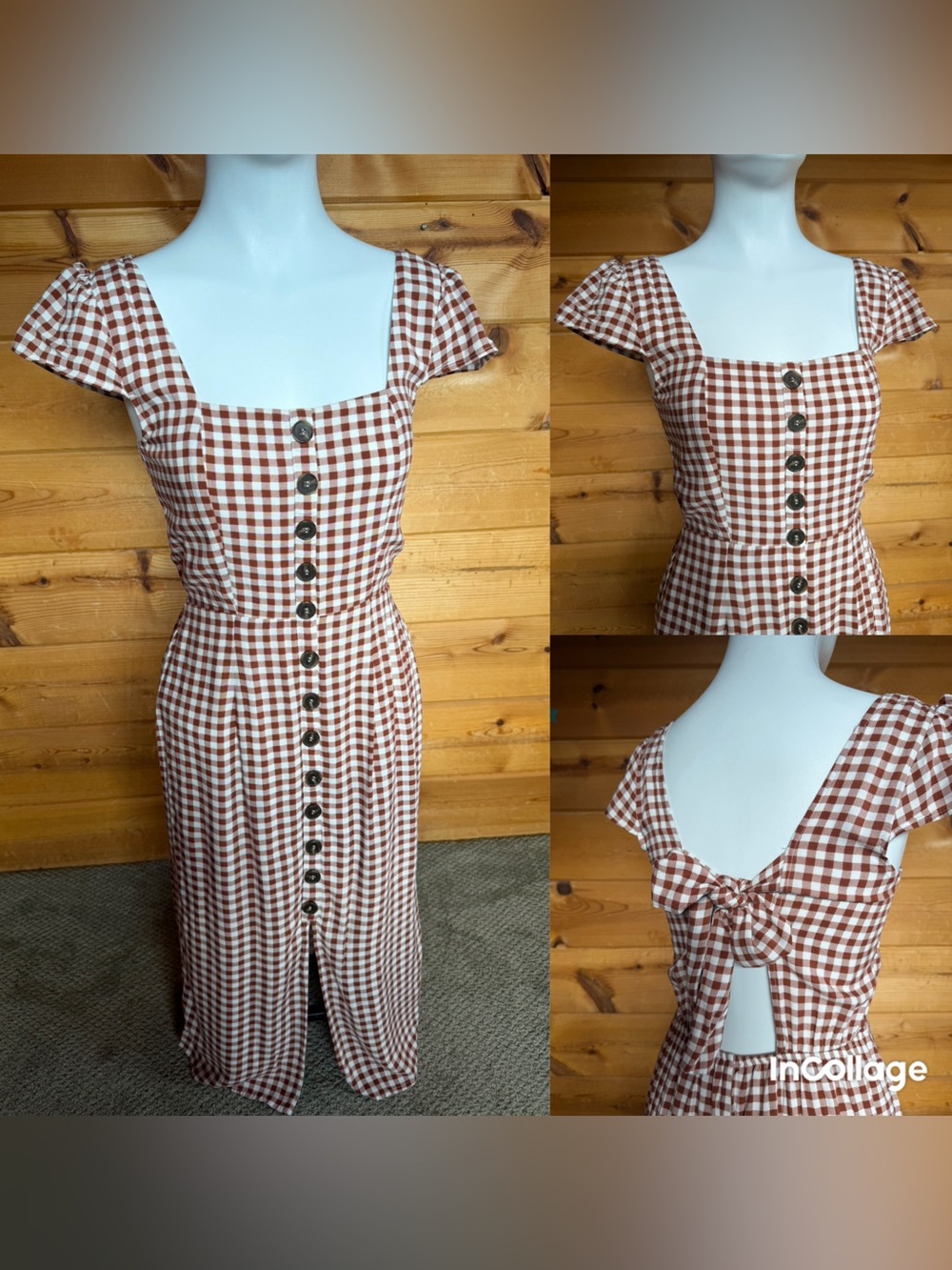 Trixxi Brown and White Gingham Midi Dress with Front Buttons
